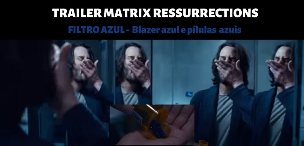 Cena do trailer de Matrix Ressurrections. Imagem de Neo refletida no espelho do banheiro. Ele usa um blazer azul e coloca pílulas na boca. Logo abaixo, close do frasco com as pílulas azuis nas mãos.