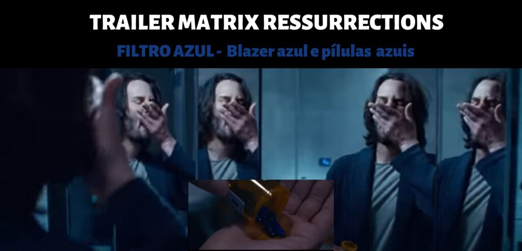 Cena do trailer de Matrix Ressurrections. Imagem de Neo refletida no espelho do banheiro. Ele usa um blazer azul e coloca pílulas na boca. Logo abaixo, close do frasco com as pílulas azuis nas mãos.