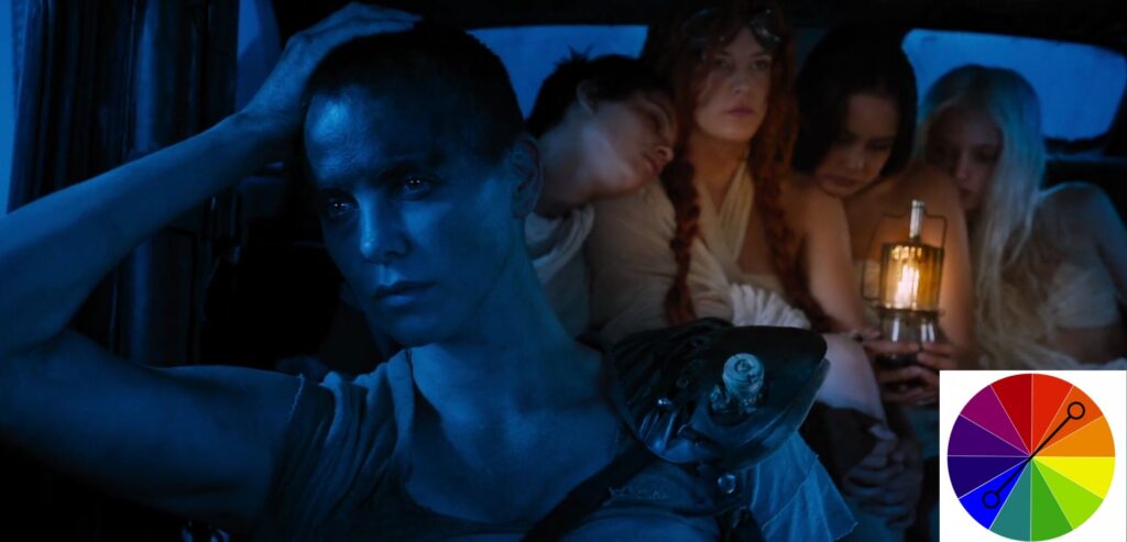 Cena do filme Mad Max, Estrada de Fúria, de 2015, com o tom azul destacando a Frieza e solidão do personagens em cena. Dentro de um veículo, estão a atriz Charlize Theron e mais 3 personagens. Em primeiro plano, a esquerda, Charlize é retratada na cor azul. Ao fundo, há 3 moças abraçadas, que estão destacadas em laranja.