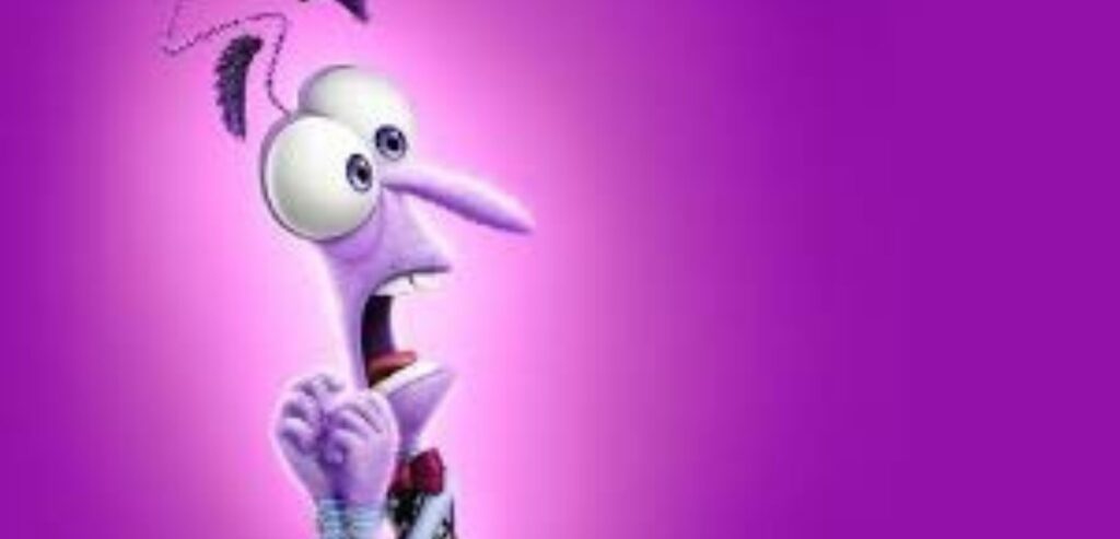 Imagem do personagem Medo, do filme Divertidamente. Ele é roxo, magrinho e tem apenas um fio de cabelo. Seu semblante é de medo.